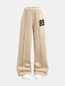 SHEIN Girlism 青少年女孩休闲校园街头风格字母和数字图案圆领运动衫和褶皱阔腿直筒裤针织运动服返校装 - 杏色 - 查看 10