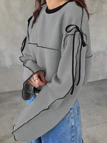 FRIFUL Camiseta de mujer de cuello redondo oversize con contraste de color y lazo