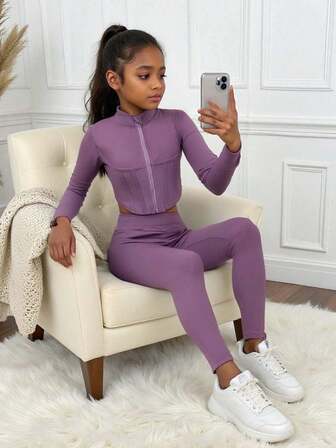 SHEIN Tween Girls Knit Solid Color Zip-Up Jacket And Leggings Casual Sporty Chic Athletic Outfit, Long Sleeve Sweatshirt And Tight Pants 2 Pieces Set, Tween Girl Activewear Clothing