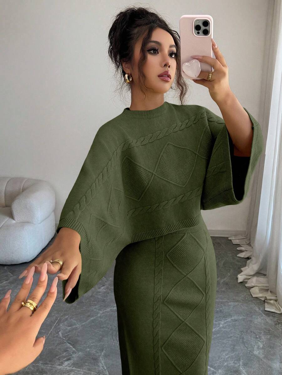 Elenzga Yellow Long Sleeve Top And Straight Skirt 2 Pieces Set, Elegant And Suitable For Party, Commute In Autumn/Winter - Army Green - View 1