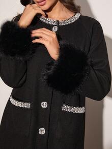 Enchnt 秋冬浪漫女士黑色精致仿珍珠水钻装饰外套，毛绒袖口，时尚优雅公主风，适合派对、约会、节日、毕业典礼、外出、万圣节、圣诞节、秋季、新年等场合。 - 黑色 - 查看 5