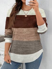 EMERY ROSE Plus Size Casual Striped Colorblock Pattern Loose Fit Crew Neck Sweatshirt, Suitable For Autumn/Winter - Multicolor - View 4