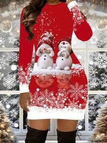 EMERY ROSE 3D Printed Women's Standard Size Cute Christmas Snowman Print Holiday Casual Vacation Round Neck Long Sleeve Short Dress