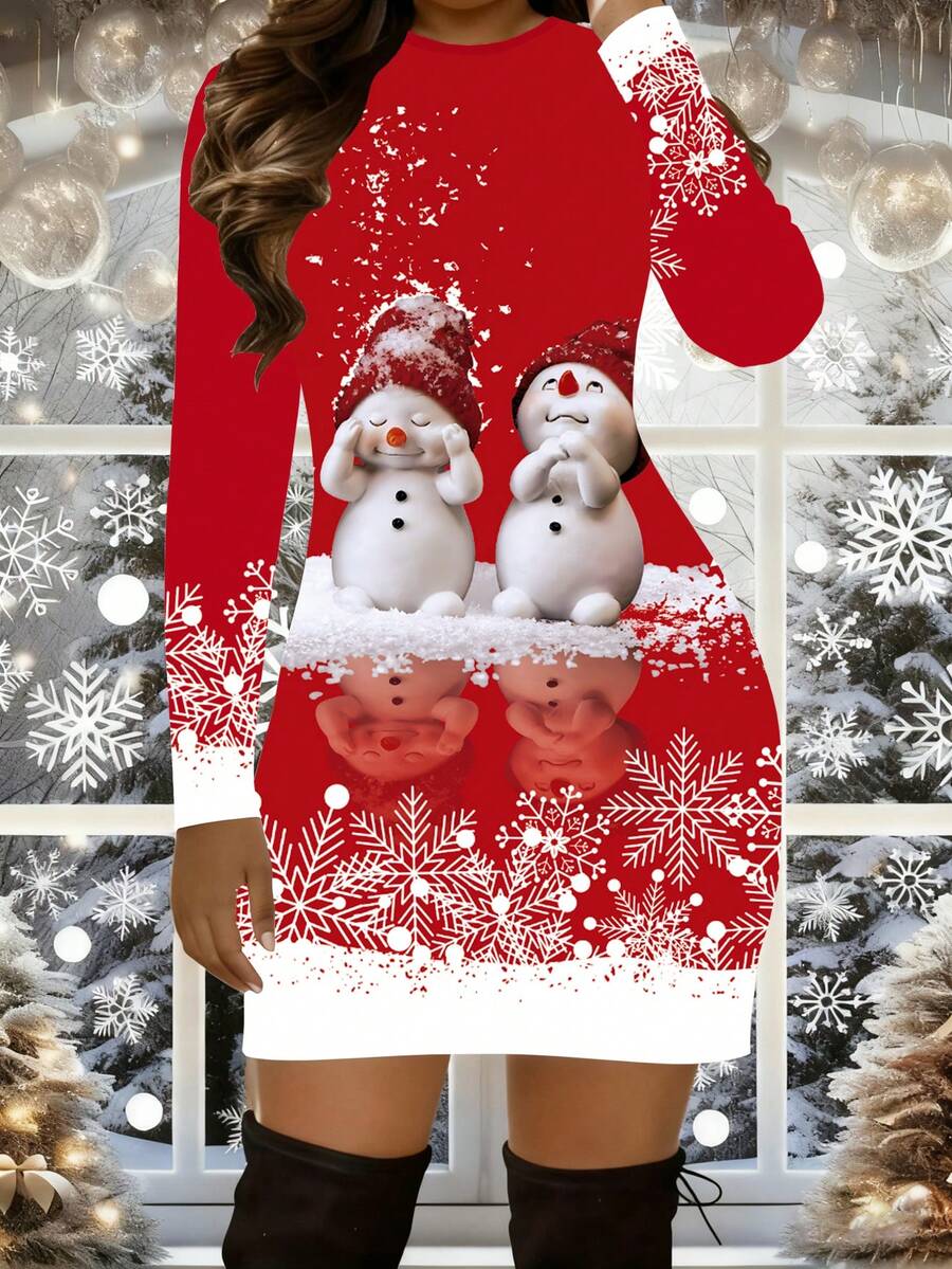 EMERY ROSE 3D Printed Women's Standard Size Cute Christmas Snowman Print Holiday Casual Vacation Round Neck Long Sleeve Short Dress