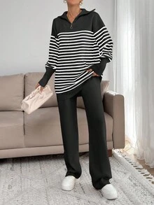 EURMUSE Women Stripe Pattern Zip Detailed Neck Drop Shoulder Pullover & Sweater Pants Set - Black - View 2