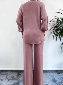 EURMUSE 2pcs/Set Solid Color Leg Of Mutton Sleeve Sweater Outfits - Rusty Rose - View 3