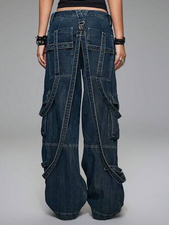 Grunge Punk Jeans cargo punk rétro à taille basse large avec boucle, clous et sangles