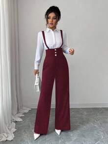 Elenzga 女士优雅浪漫直筒裤，带吊带腰和纽扣装饰 - 酒紅色 - 查看 6
