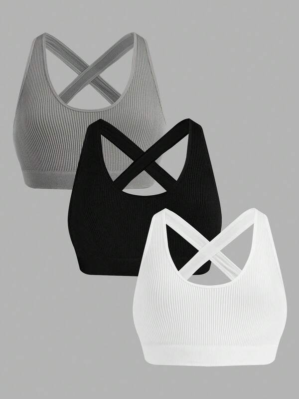 SHEIN 3 Peças Sutiãs Esportivos Sem Costura para Meninas Pré-Adolescentes, Tecido Canelado, Alças Cruzadas, Cores Versáteis Combinam com Esportes e Yoga