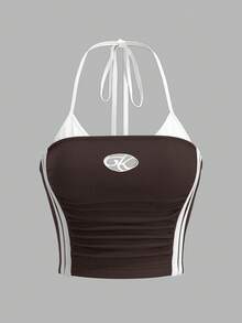 SHEIN ICON 女款街頭風 Y2K 休閒健身白色與棕色條紋掛脖短版上衣，夏季對比色繫帶後領無袖背心，適合日常穿著 - 棕色 - 查看 9
