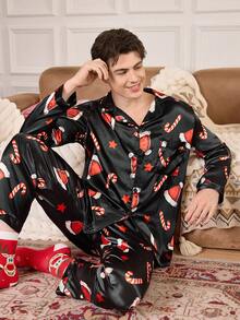Manfinity CoupledUp Weihnachtsthema Muster Schwarz Faux Seide Stil Herren Oberteil & Hose Pyjama Set Herbst Winter Kleidung