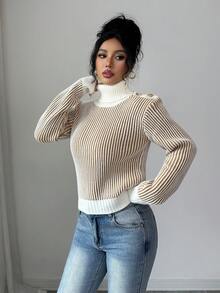SHEIN Elenzya 优雅纽扣肩高领长袖罗纹针织毛衣，秋冬 - 卡其色 - 查看 4