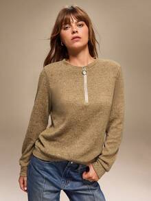 Hanevo Women's Casual Solid Color Zipper Half-Zip Long Sleeve Sweatshirt - Mocha Brown - View 5