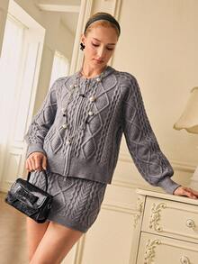 Chiquease Set de 2 piezas de suéter de punto trenzado con cremallera de cuello redondo suelto y casual, y minifalda - Gris - Ver 1