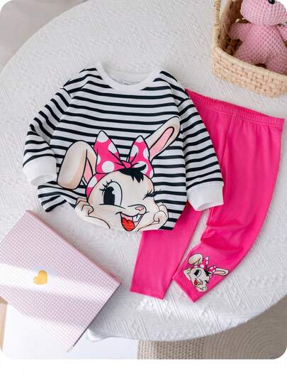 2 件装女婴秋冬针织条纹卡通老鼠长袖圆领卫衣和纯色针织卡通印花打底裤套装，适合外出、聚会、返校场合