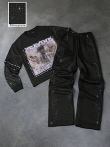 PAVTROS 男士极简印花圆领长袖卫衣长裤套装 男士两件套 男士两件套 男士套装 男士水钻运动裤套装 男士两件套 水钻男士套装 男士两件套 拼接男士运动裤套装 男士两件套，秋季服装 - 黑色 - 查看 2