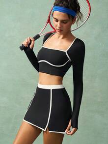 VARSIVA 女士圆领长袖短款 T 恤和开衩下摆口袋短裙运动套装两件套网球裙套装健身女士套装 - 黑與白 - 查看 5