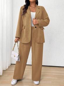 EMERY ROSE Plus Size Women's Solid Color Raglan Sleeve Lapel Front Button Casual Suit Set - Camel - View 5