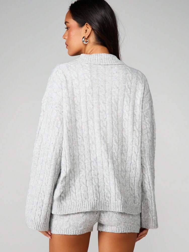 MISSGUIDED Cable Knit Polo Hoodie And Hot Pants Co-Ord Set For Women Winter Loungewear