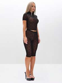 BABYPHAT Flocked Mesh High Neck Short Sleeve Sheer Overlay Top With Textured Detailing For Layered Looks - Black - View 4