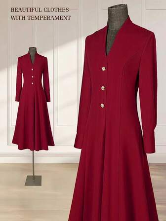 Rafferiza [Vintage elegans och lyx] Chic enfärgad v-ringad långlång klänning med en enda rad utsökta knappar, midjeminskande silhuett, elegant bankettklar klänning