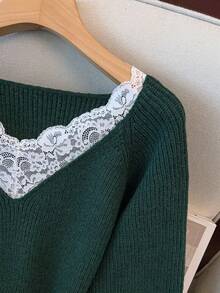 EMERY ROSE New Elegant Lace Trim V-Neck Soft & Versatile Plus Size Knit Pullover Top For Women - Dark Green - View 6