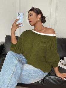 Elenzga Sweater Lengan Panjang Leher Bulat Kasual Wanita Ukuran Besar dengan Hiasan Pita, Melangsingkan, Musim Gugur/Dingin - Olive Green - View 7