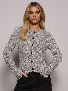 SHEIN BAE Cardigan tricoté décontracté à col rond et manches longues, à simple boutonnage, pour femmes. Automne/Hiver, Hiver, Automne pour femmes, Pulls d'hiver pour femmes, Halloween, Costume d'Halloween pour femmes, Noël, Pull de Noël, Noël pour femmes, Nouvel An, Soirée, Élégant, décontracté, Pull mosaïque noir, Cardigan, Cardigan décontracté, Top de sortie, Pull à la mode - Noir et Blanc - Voir 3