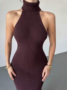 Firerie Women's Elegant Long Solid Color High Neck Side Slit Knit Dress - Burgundy - View 8