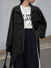 FRIFUL Women's Solid Black Stand Collar Raglan Sleeve Pocket Decorated Metal Zipper Front Short Back Long Loose Casual Versatile Regular Jacket, Autumn/Winter