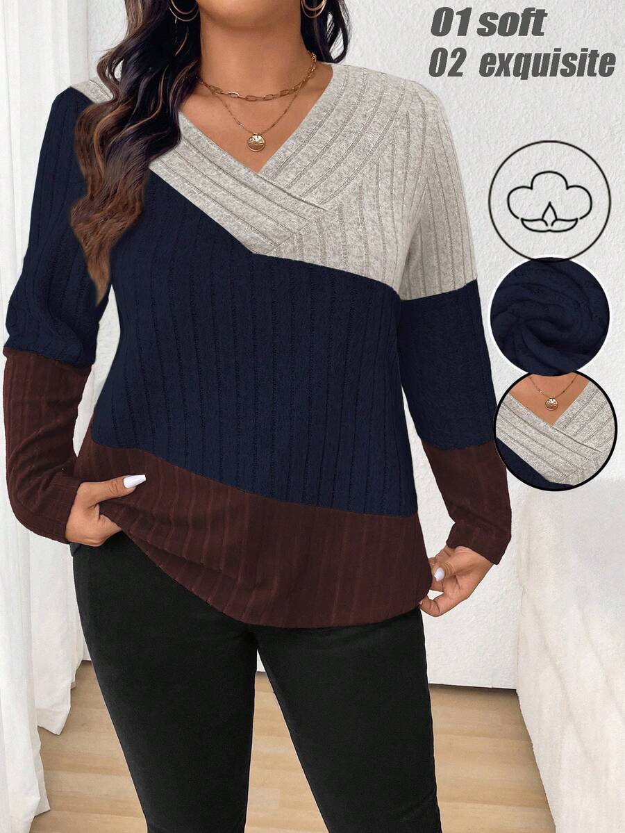 SHEIN Camiseta plus size com blocos de cores para primavera e outono, camisetas gráficas femininas, tops - Multicolorido - Ver 1