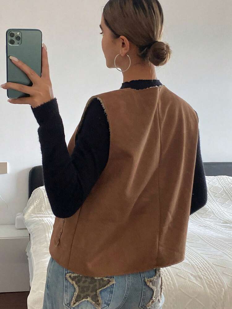 Women's Suede Composite Thermal Lined Loose Crew Neck Embroidered Pattern Sleeveless Casual Outdoor Jacket, Autumn/Winter