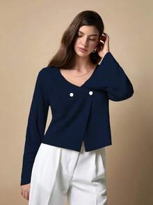 EURMUSE Cárdigan de mujer talla petite con cuello en V, abotonado delantero y hombros caídos en unicolor - Azul Marino - Ver 4