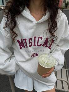 DAZY 1件装 女士宽松休闲纯色字母印花抓绒连帽卫衣，长袖上衣，秋季服装，冬季