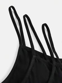 SHEIN 2 件套青少年女孩简约 V 领吊带背心，带衬垫胸罩和工字背心，舒适纯色 - 黑色 - 查看 3