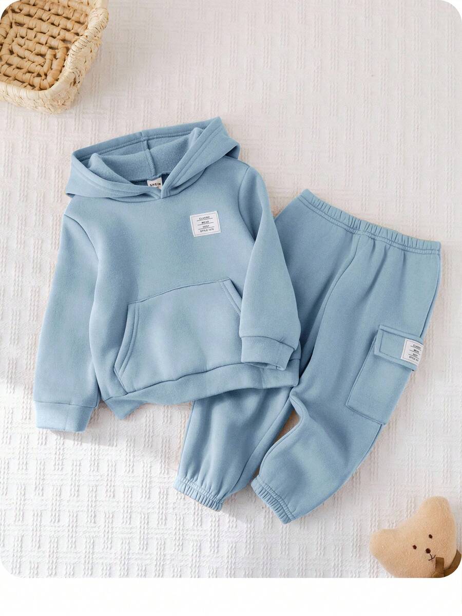 SHEIN 2pcs/Set Baby Boy/Girl Casual Sports Letter Graphic Pocket Hoodie & Elastic Waist Pants Set, Suitable For Autumn/Winter - Blue - View 1