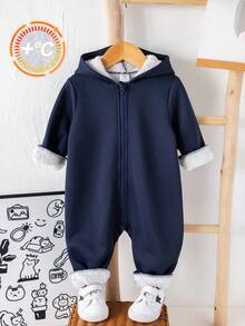 SHEIN Bộ đồ liền thân dệt kim mềm mại dày dặn màu xanh navy chải kỹ cho bé trai/bé gái có mũ trùm đầu, có khóa kéo, đa năng cho cả mặc trong nhà và ngoài trời, mùa thu/đông - Màu xanh hải quân - Xem 7