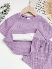 SHEIN Babygirl Cute Casual Pink 3D Cartoon Pattern Embossed Short Sleeve Top And Elastic Waist Shorts Set - Mauve Purple - View 6