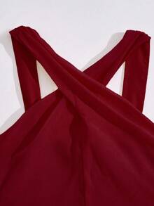 Girls' Round Neck Sleeveless Waist Splicing Pleated Elegant Party Jumpsuit - Burgundy - View 3