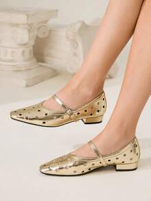 CUCCOO CHICEST 女士镂空方头平底鞋，优雅简约时尚舒适金色金属仿皮玛丽珍鞋，适合下午茶、派对、职场、度假、万圣节 - 金色 - 查看 3