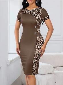 SHEIN Lady 女式豹纹拼布修身中长连衣裙 - 彩色 - 查看 3