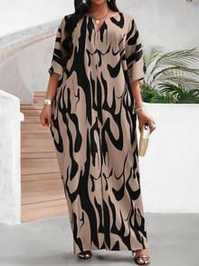 SHEIN Lady 女式 V 领 3/4 袖花卉印花宽松休闲中长连衣裙 - 彩色 - 查看 3