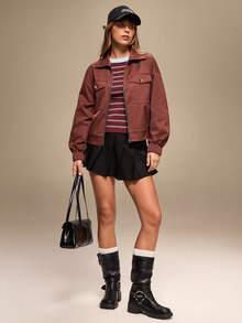 Qadelle Women's Casual Solid Color Drop Shoulder Long Sleeve Regular Jacket - Coffee Brown - View 4
