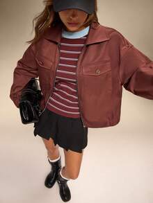Qadelle Women's Casual Solid Color Drop Shoulder Long Sleeve Regular Jacket - Coffee Brown - View 5
