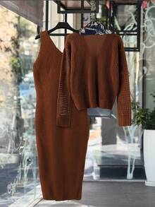 GlowEve Women's Casual Solid Color Cardigan Knit Dress Two Pieces Set, Autumn/Winter - Coffee Brown - View 2