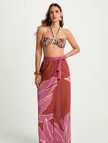 CAJUNI 女式波西米亚风热带红色印花休闲夏季沙滩泳装裹身裙罩衫 - 酒紅色 - 查看 4