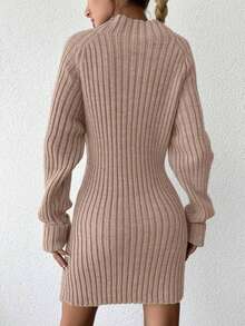 EURMUSE Women's Solid Color Stand Collar Raglan Sleeve Knit Dress,Petite - Camel - View 2