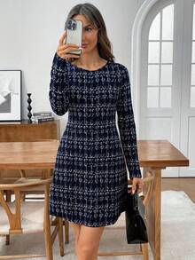 EMERY ROSE 女式格子圆领长袖休闲短款连衣裙 - 寶藍色 - 查看 6