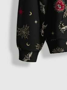 ROMWE Goth Sudadera holgada con estampado de corazón, cruz, sol, luna y estrella de estilo palaciego retro gótico para mujeres - Negro - Ver 4