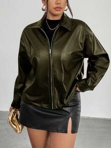 Firerie Plus Size Women Black Long Sleeve PU Leather Jacket/Winter Green - Green - View 5